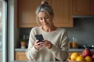 Femme d'âge moyen vérifiant ses résultats de loterie à la cuisine