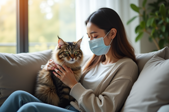 Femme souriante avec masque caressant un chat dans un salon lumineux