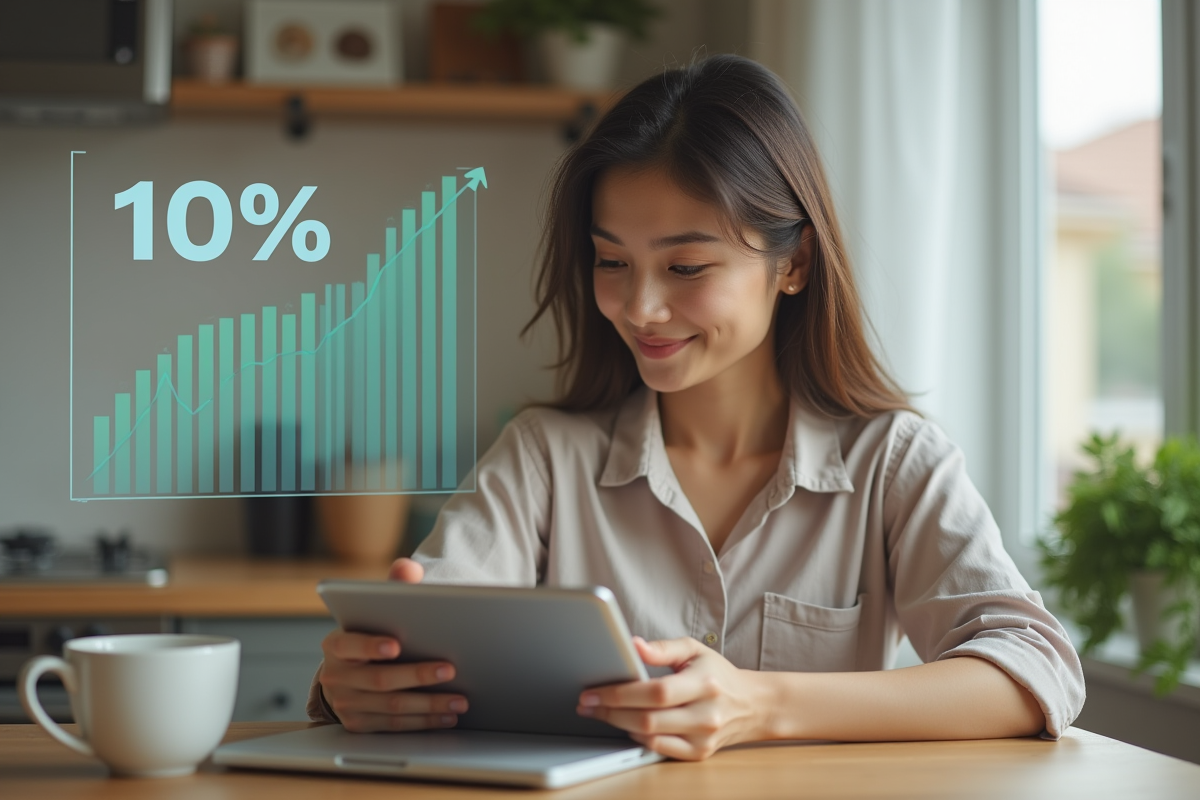 Jeune femme avec tablette et café dans une cuisine chaleureuse