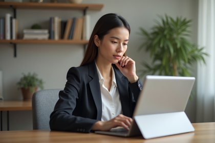 Jeune femme utilisant une tablette hybride Windows dans un bureau moderne