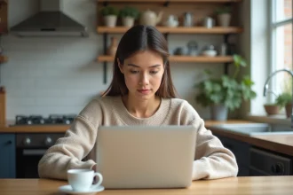 Femme concentrée sur son ordinateur dans une cuisine moderne