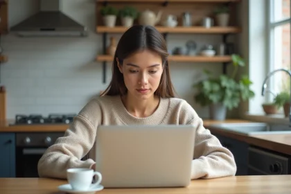 Femme concentrée sur son ordinateur dans une cuisine moderne