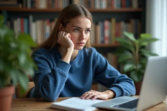Femme concentrée travaillant sur son ordinateur dans un bureau cosy