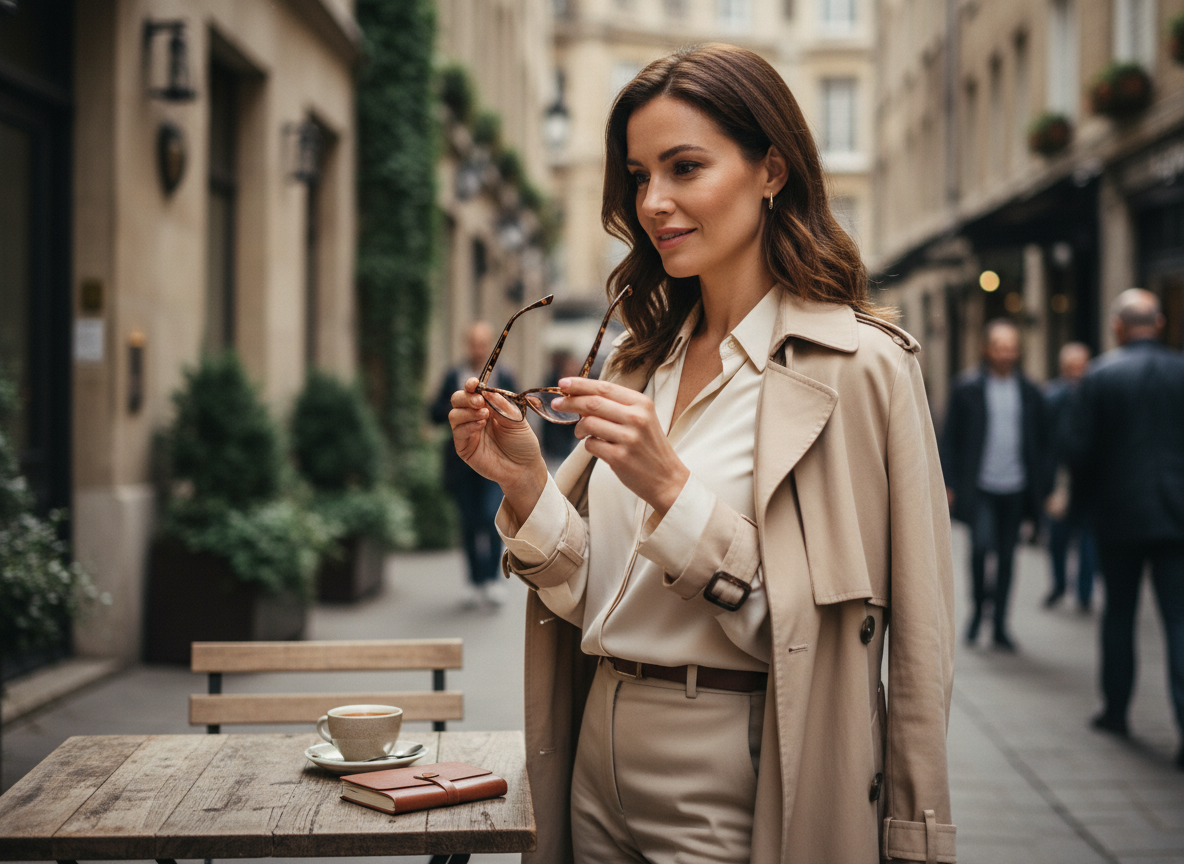 Femme moderne avec lunettes dans un café en ville