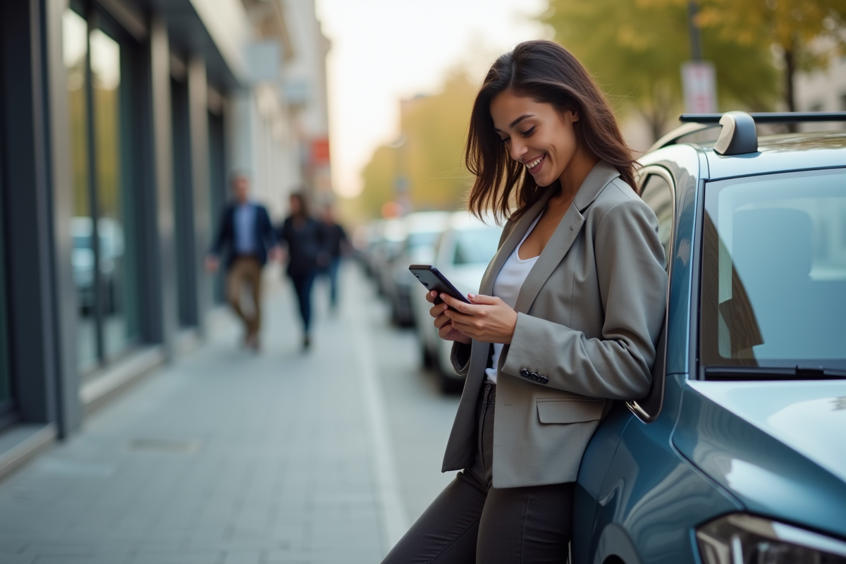 Jeune femme vérifiant ses gains sur smartphone devant une voiture en ville