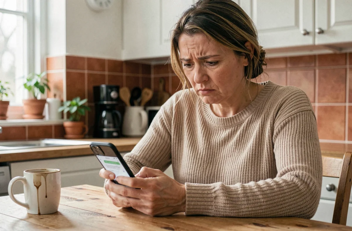 Femme vérifiant un message suspect sur son téléphone lié à une arnaque Le Bon Coin