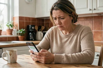 Femme vérifiant un message suspect sur son téléphone lié à une arnaque Le Bon Coin