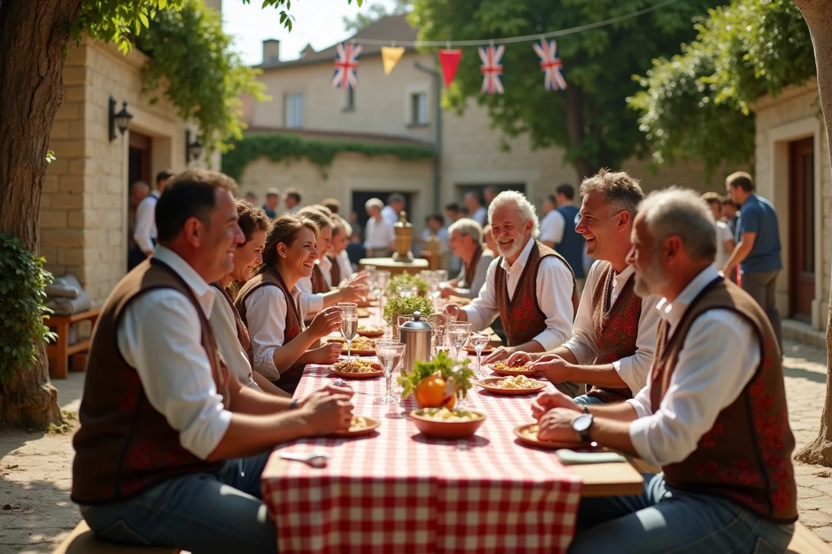 Fête de village à Bésigny avec habitants attablés autour d'un repas traditionnel sur une place en pierre