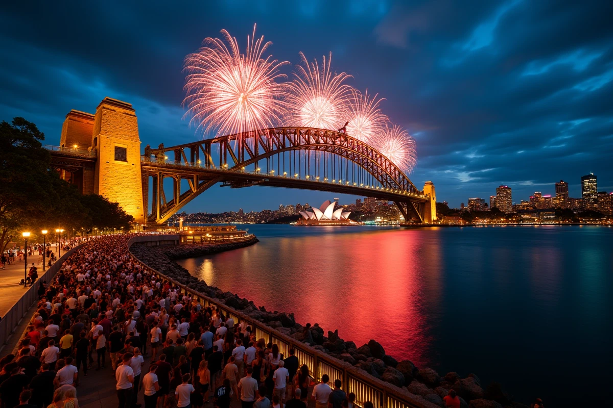 Feux d'artifice du Nouvel An 2026 sur le Sydney Harbour Bridge avec la foule massée au bord de l'eau