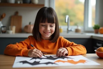 Jeune fille souriante réalisant des dessins de chauves-souris Halloween
