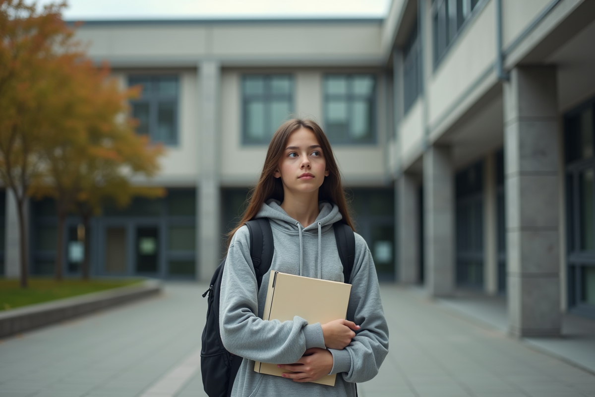 Fille lycéenne dehors devant l école avec livres et sac