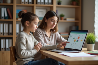 Fille adolescente et mère au bureau scolaire pour l article