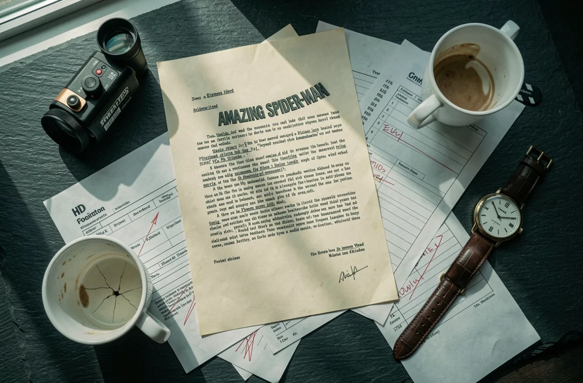 Flat lay de documents de production Spider-Man avec scénario annoté, ardoise de tournage et montre symbolisant les années de développement perdues