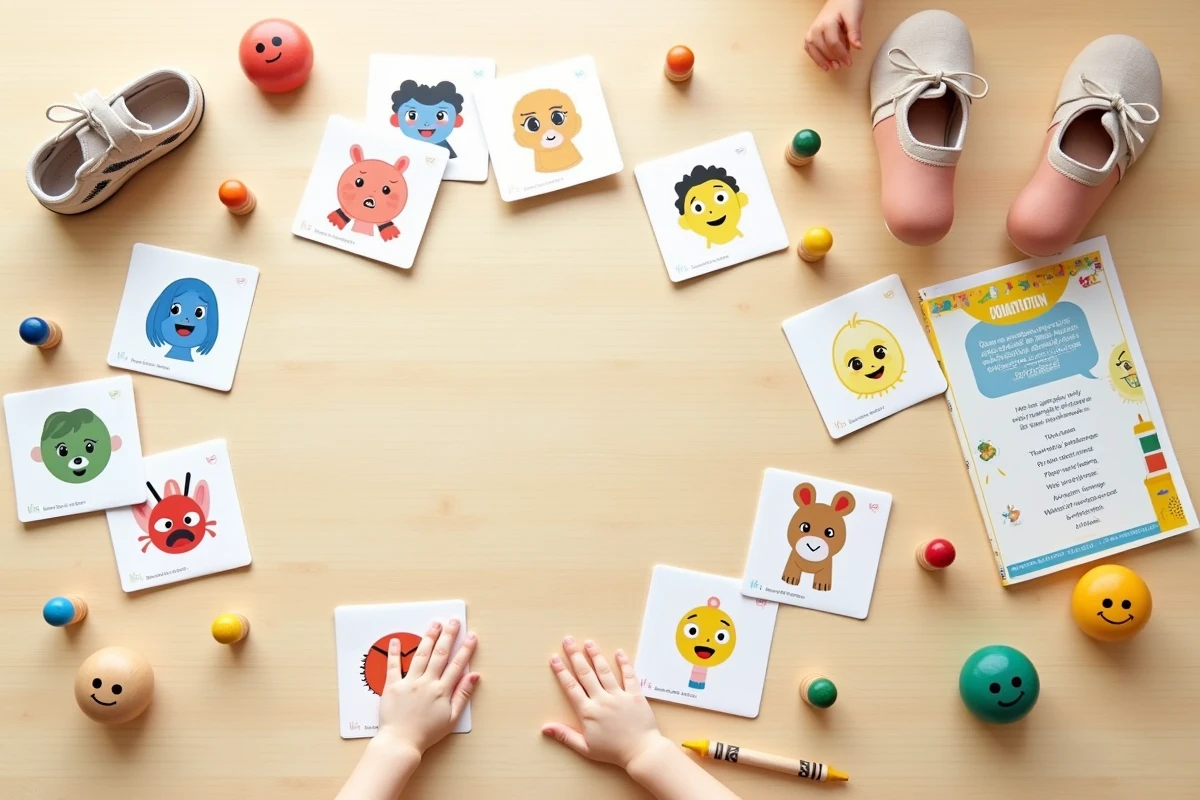 Vue de dessus d'un jeu éducatif sur les émotions des tout-petits avec cartes illustrées et figurines en bois sur une table