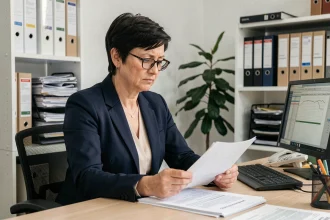 Fonctionnaire territoriale analysant la grille salariale des attachés territoriaux dans un bureau administratif municipal