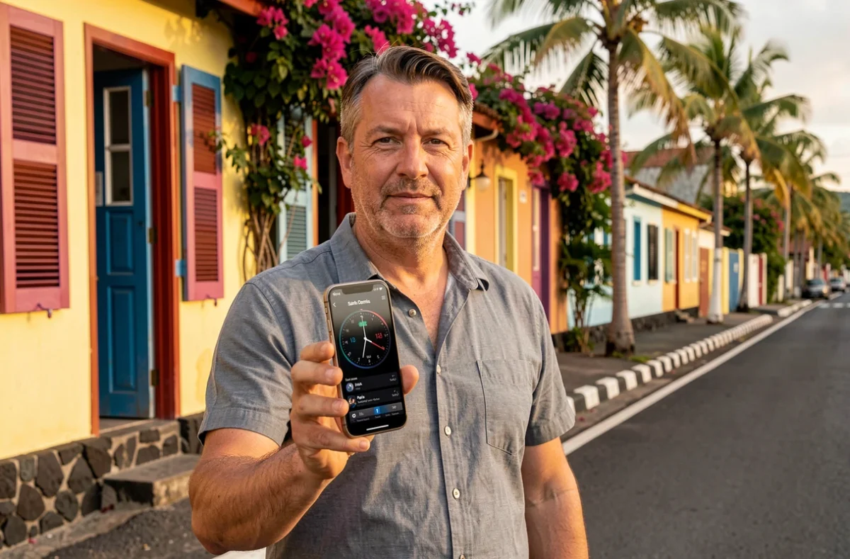Homme consultant une application de fuseau horaire sur smartphone devant une maison créole à La Réunion