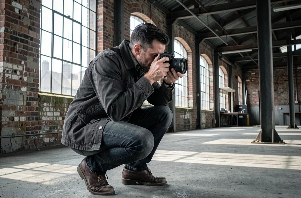 Photographe masculin en veste utilitaire se positionnant pour une prise de vue dans un espace industriel en Moselle, évoquant le style urbain de Gamba Romain