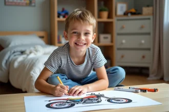 Garçon de 8 ans coloriant un poster de moto dans sa chambre