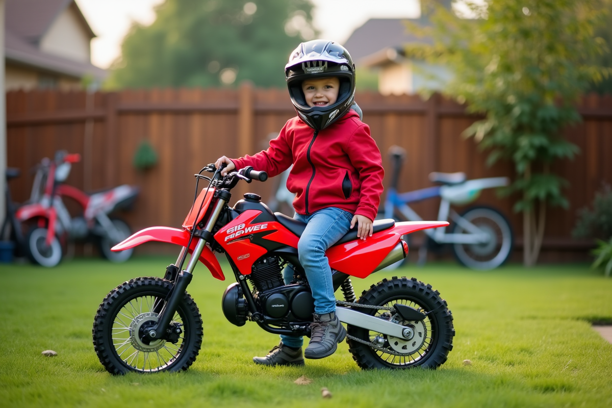 Jeune garçon souriant avec moto-cross rouge dans le jardin