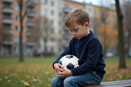 Jeune garçon assis seul sur un banc dans un parc automnal