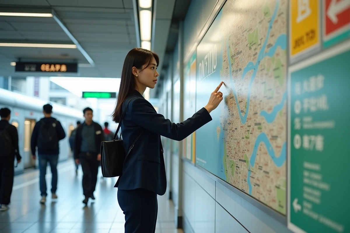 Jeune femme consultant une carte des villes japonaises dans une gare animée d'Osaka