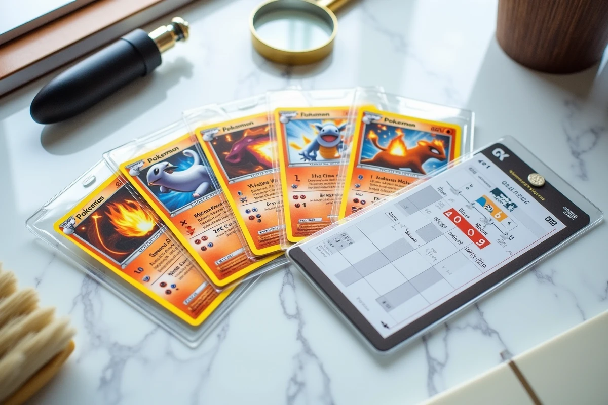 Cartes Pokémon Flammes Fantasmagoriques dans des protège-cartes rigides sur un bureau de gradeur professionnel
