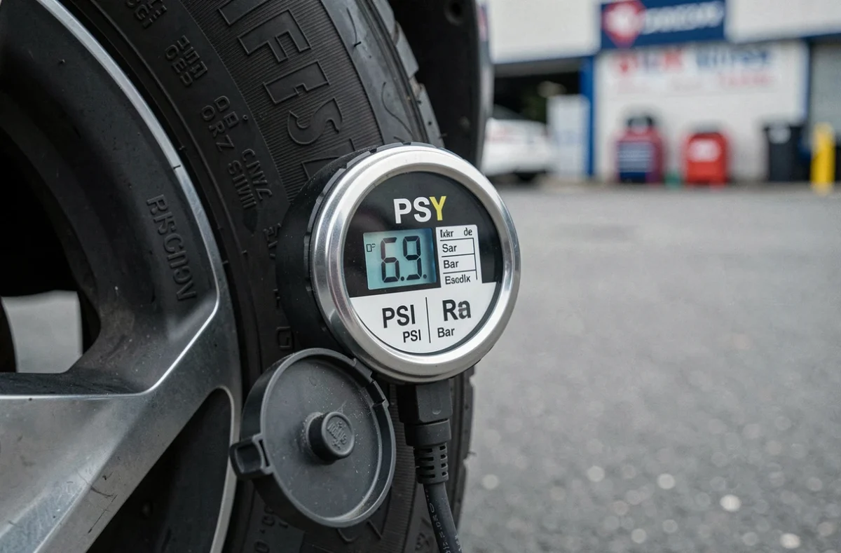 Gros plan d'un manomètre numérique affichant 69 PSI avec tableau de conversion en bar sur un pneu