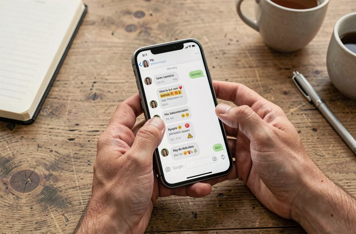 Gros plan de mains tenant un smartphone avec un message d'arnaque Le Bon Coin affiché à l'écran