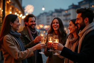 Groupe d'amis célébrant le Nouvel An en extérieur avec champagne