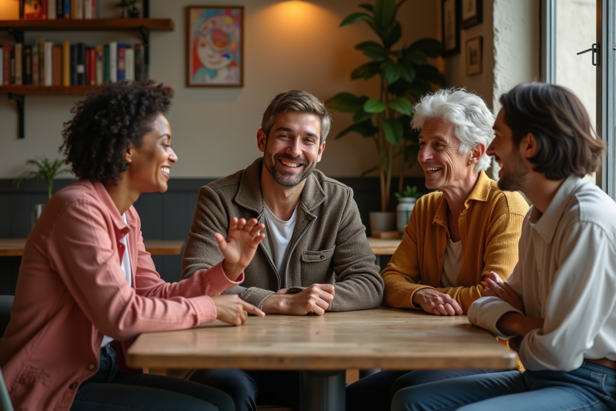 Groupe divers de nonbinaire dans un café chaleureux