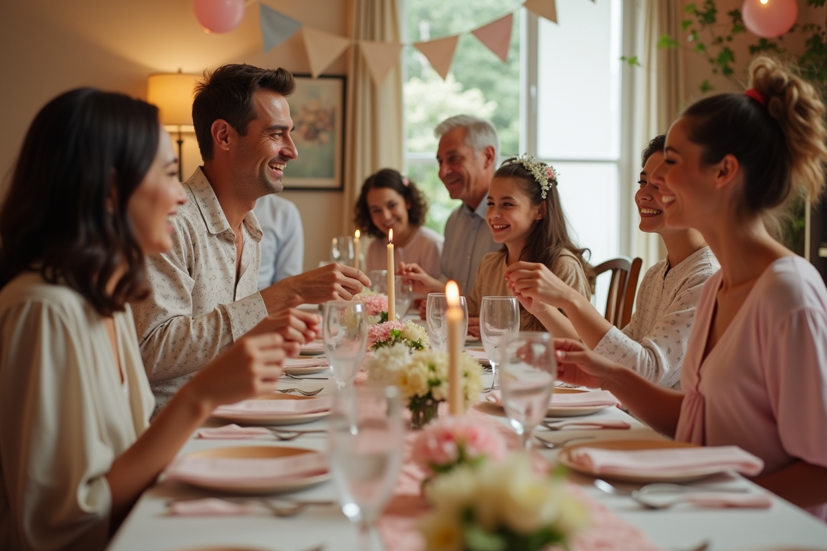 Groupe d'adultes et enfants préparant une fête chaleureuse