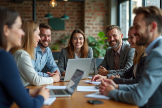 Groupe d'employes divers en réunion de travail en open space