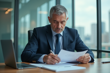 Homme d'affaires en costume bleu dans un bureau moderne