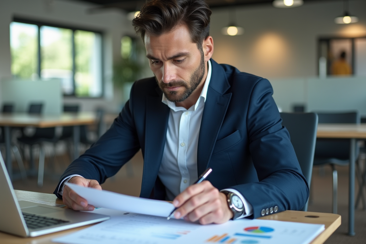 Homme d'affaires en costume bleu examine des documents au bureau