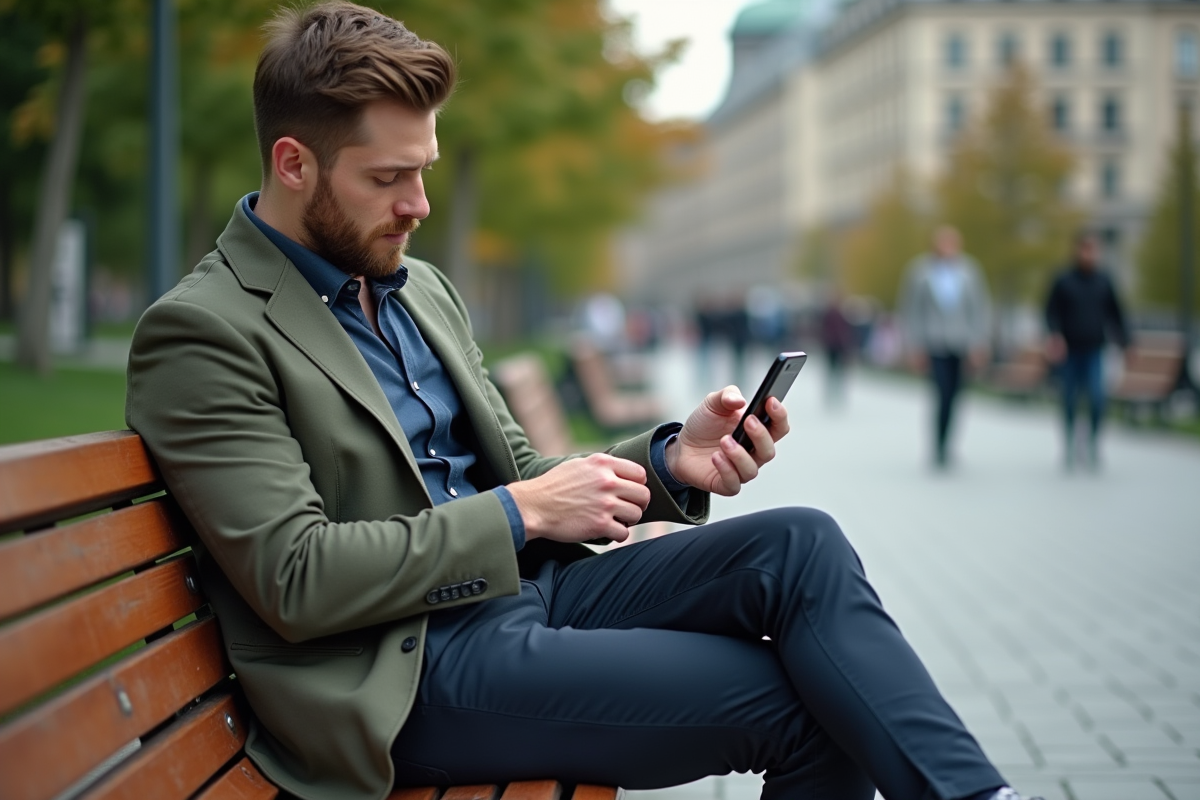 Homme en ville touchant son pantalon en polyester