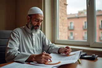 Homme consultant un calendrier des heures de prière islamique à Toulouse avec architecture en briques roses en arrière-plan