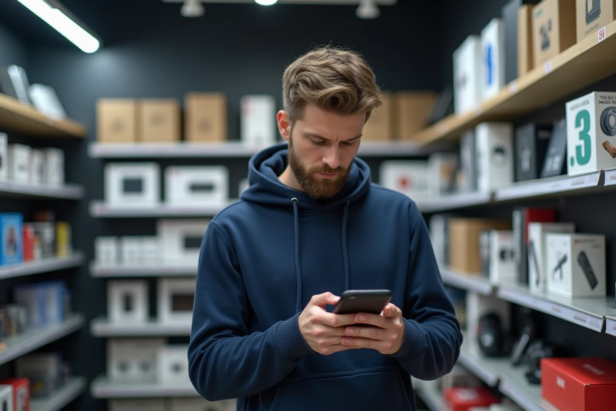 Homme consultant un code de réduction Pixmania sur son smartphone dans un magasin d'électronique