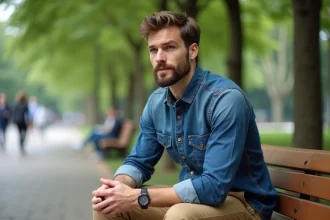 Homme en denim et khaki dans un parc urbain