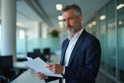 Homme d'âge moyen tenant un formulaire dans un bureau moderne
