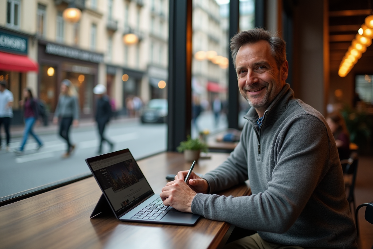 Homme créatif dessinant sur une tablette hybride dans un café animé