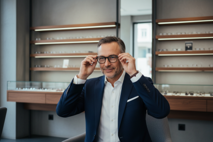 Homme élégant en costume ajusté dans une boutique haut de gamme