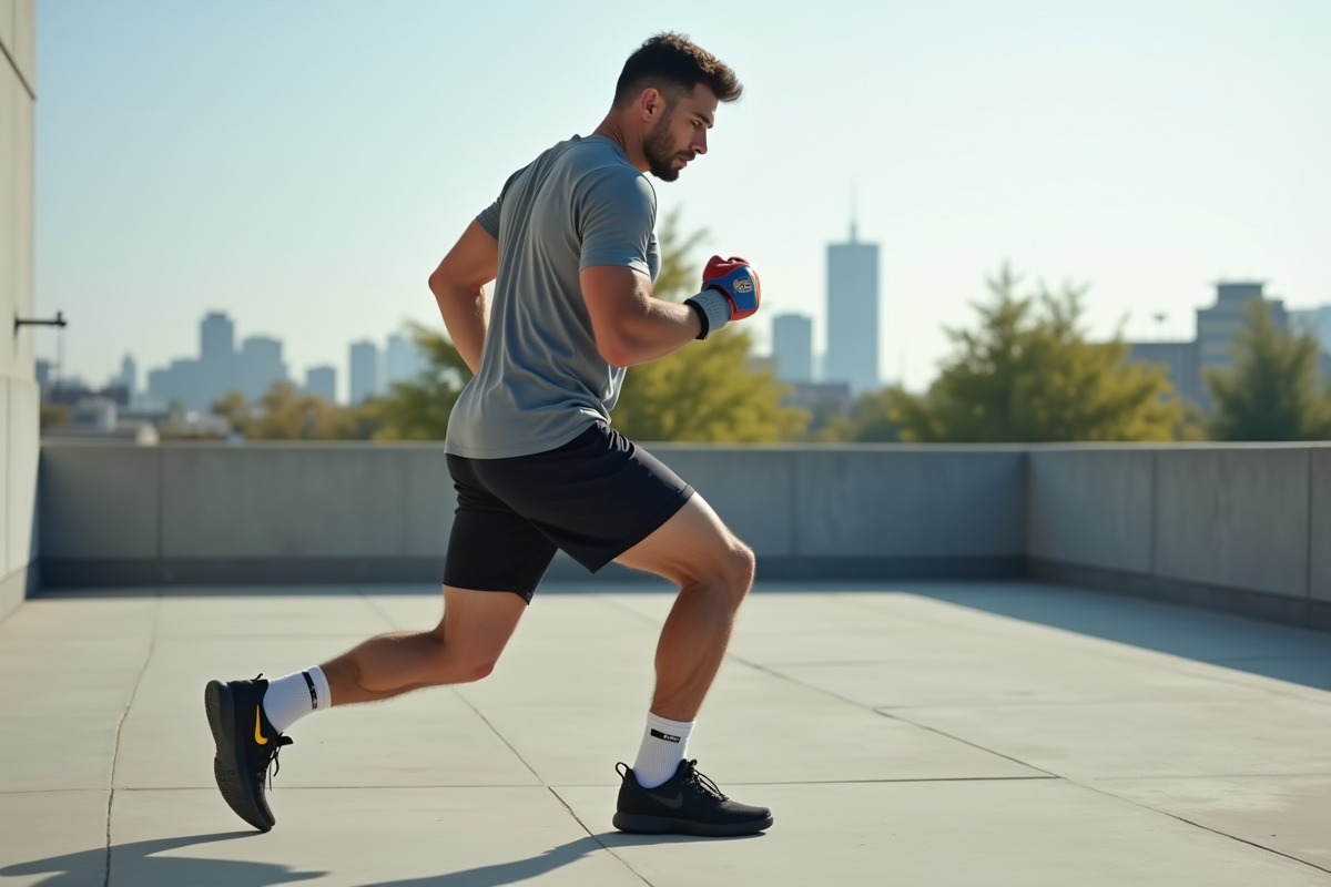 Homme pratiquant le fitboxing sur un toit urbain
