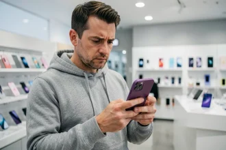 Homme tenant un iPhone 14 violet dans une boutique de téléphonie mobile, comparant les offres forfait 5G