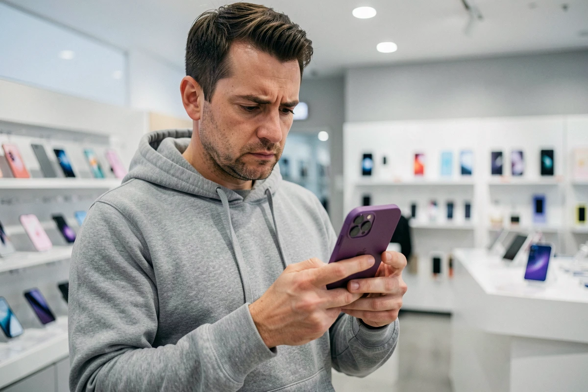 Homme tenant un iPhone 14 violet dans une boutique de téléphonie mobile, comparant les offres forfait 5G