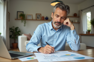 Homme d'âge moyen lisant un document de simulation de prêt immobilier