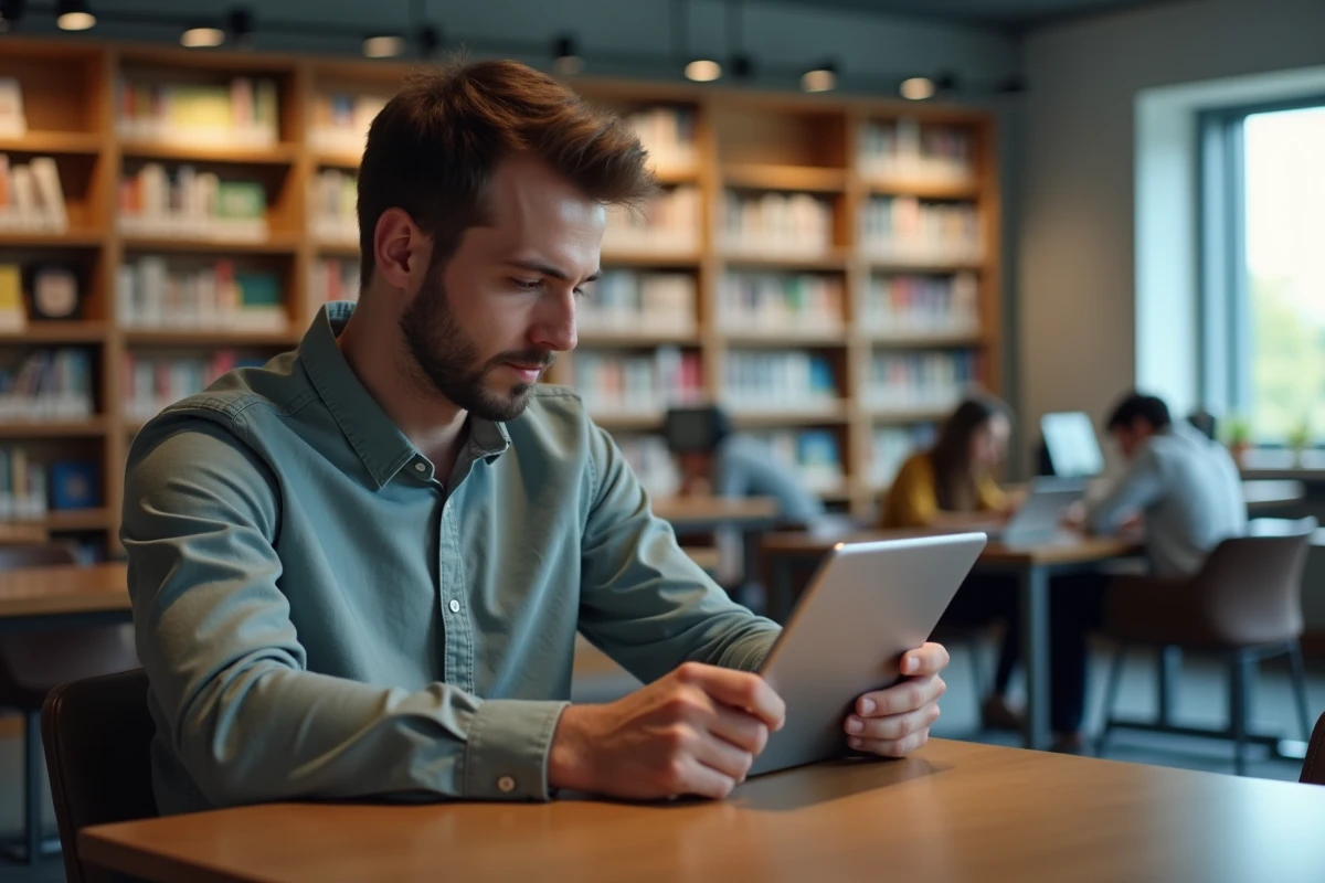 Jeune homme lisant sur sa tablette dans une bibliothèque