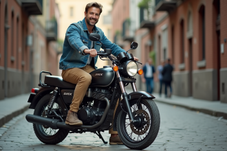 Homme en denim et pantalon kaki sur une moto Dax 125 en ville