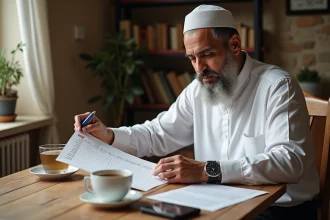 Homme musulman vérifiant un calendrier de prières en français