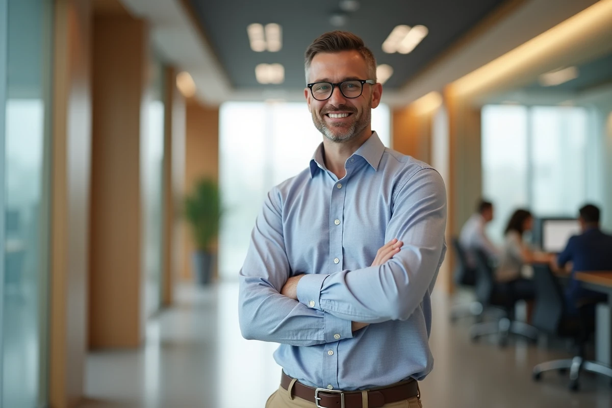 Homme souriant en costume dans un couloir d office