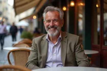 Homme français riant au café parisien en terrasse